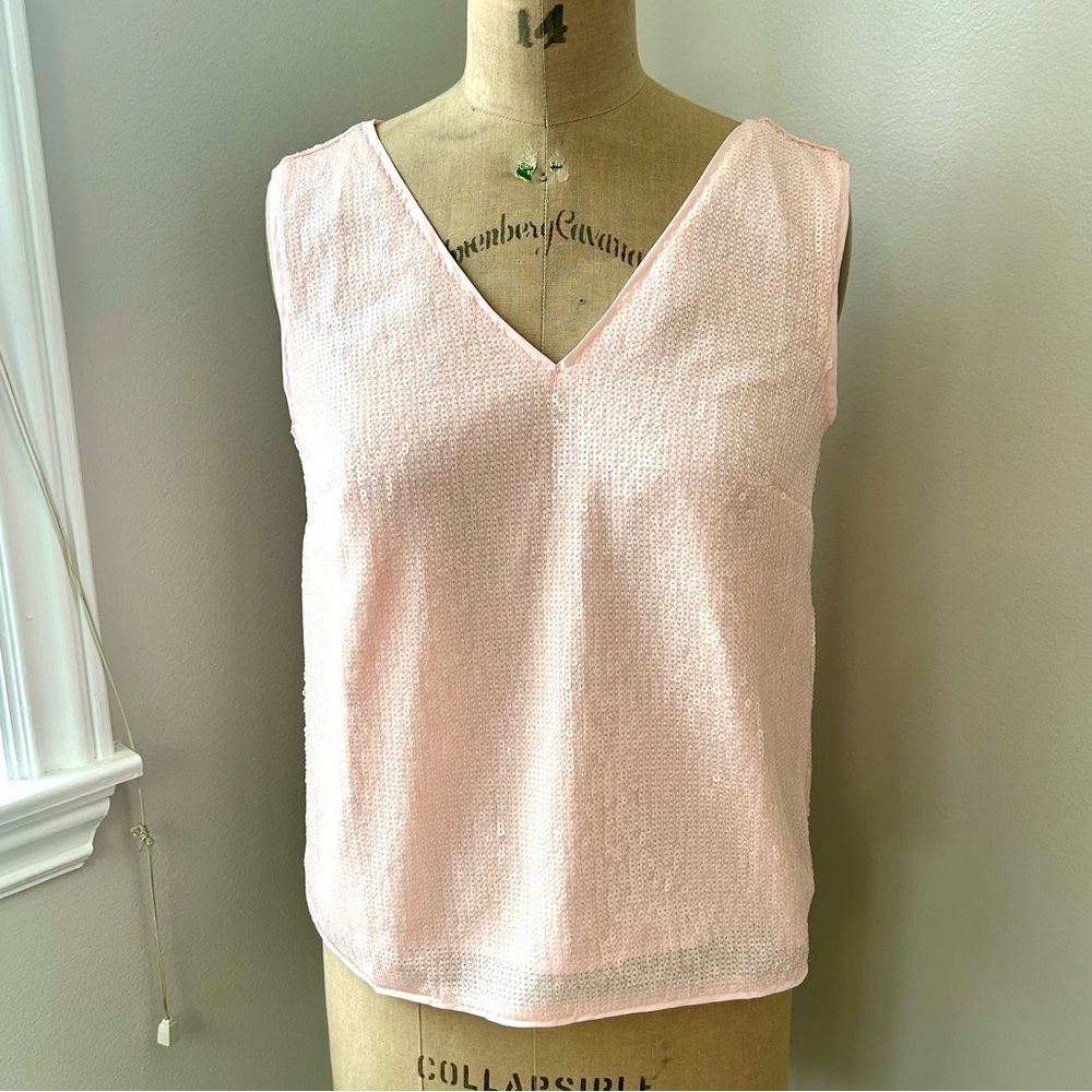 J crew Women’s petal pink all over Sequin V-neck Boxy Tank Sz S NWT - Picture 1 of 12